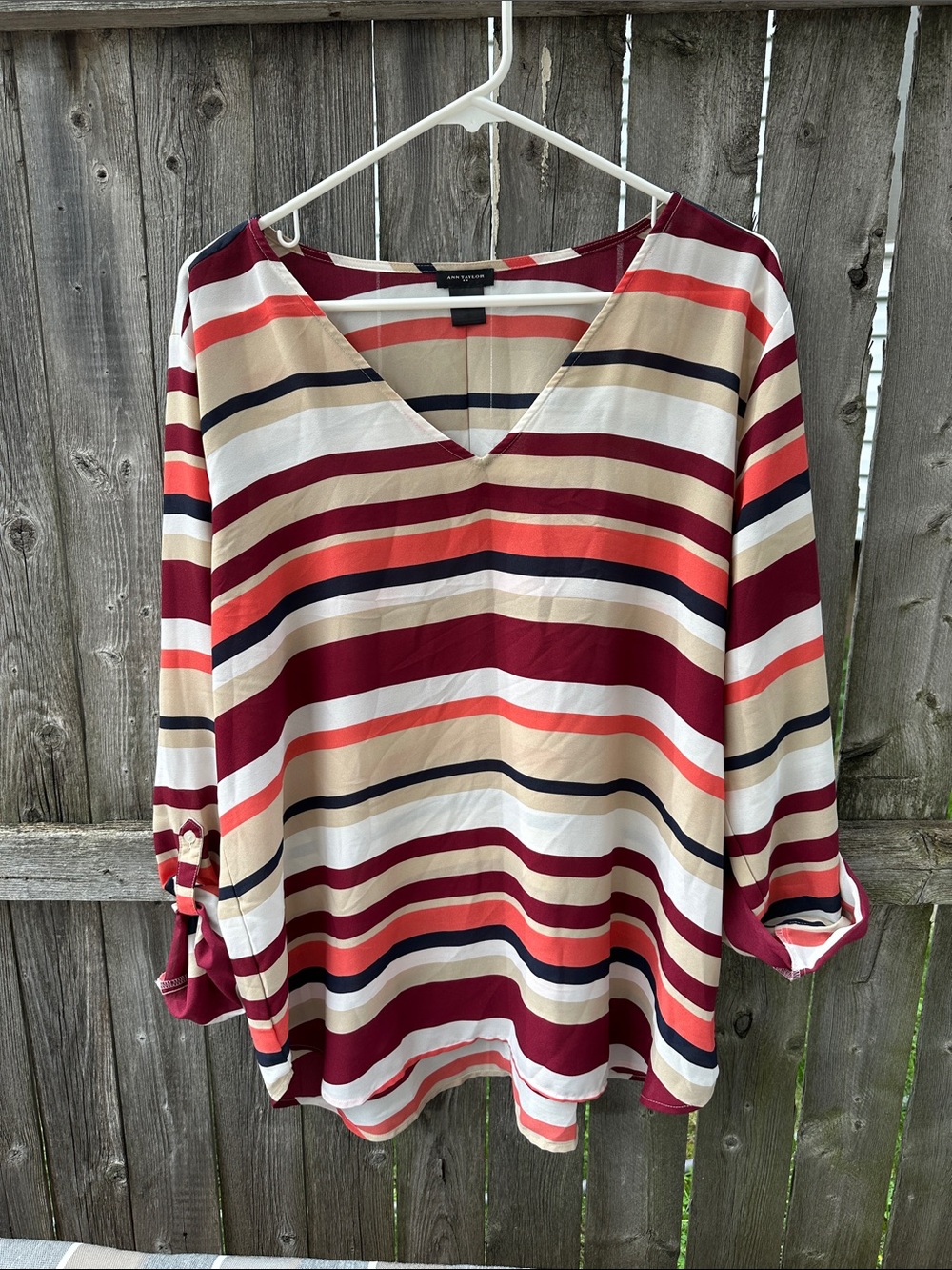 Ann Taylor Striped V-Neck Tunic in Burgundy, Cream & Coral